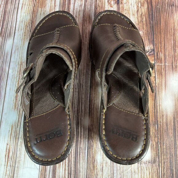 Born Womens Sz 8 Brown Leather Open Toe Slip On Shoes Block Heel Sandals Buckle - Picture 5 of 10